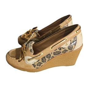 Sperry Top-Sider Goldfish Line Leo Sequin Leather Boat Shoe Wedge Heels | 9.5M